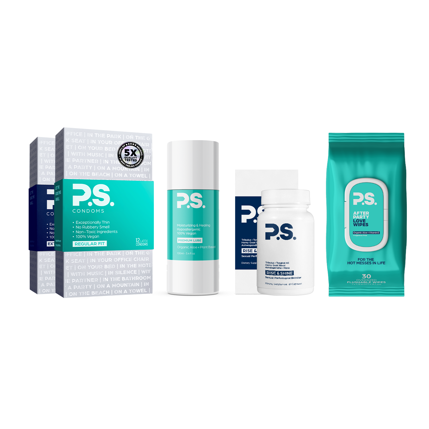 Condom bundle pack with box, roll case, sanitizer bottle, and teal wipes pouch