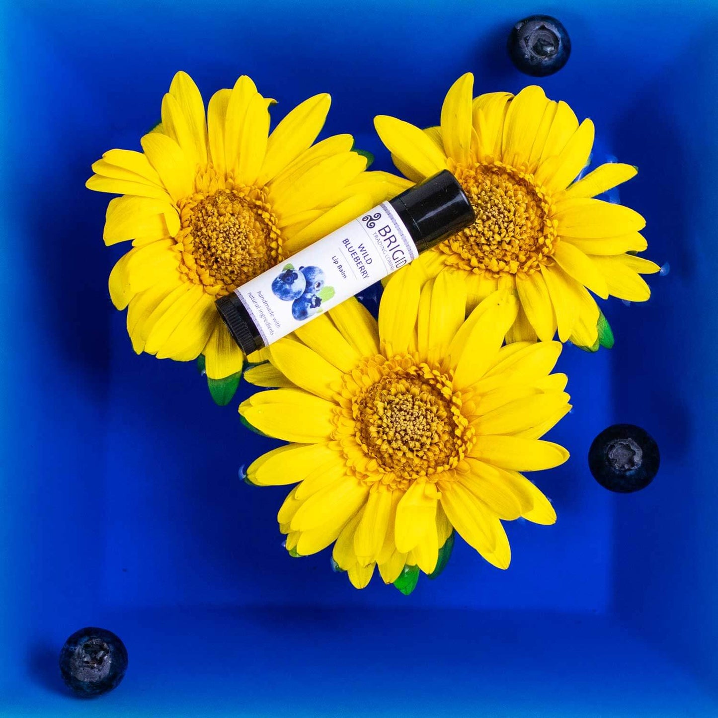 Blueberry natural lip balm tube with black cap, lying on surface with blueberries.