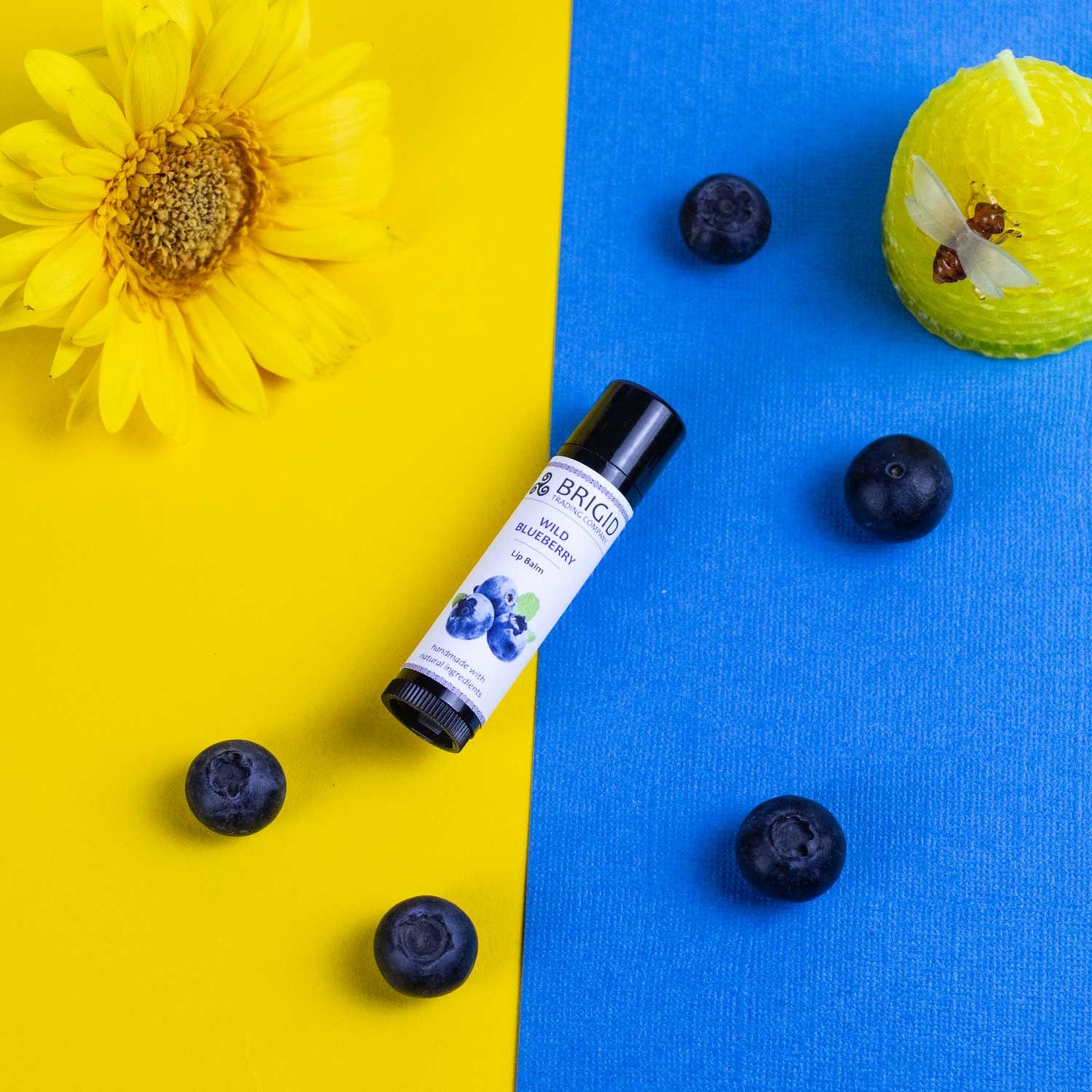 Blueberry natural lip balm tube with black cap, angled view, with blueberries around.