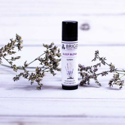 Lavender-scent lip balm tube with black cap, BRIGID label