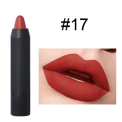 Red lip crayon balm pencil in black tube, shade #17 with lip swatch