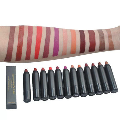 Lip crayon shade swatches on skin strip from nude to deep tones