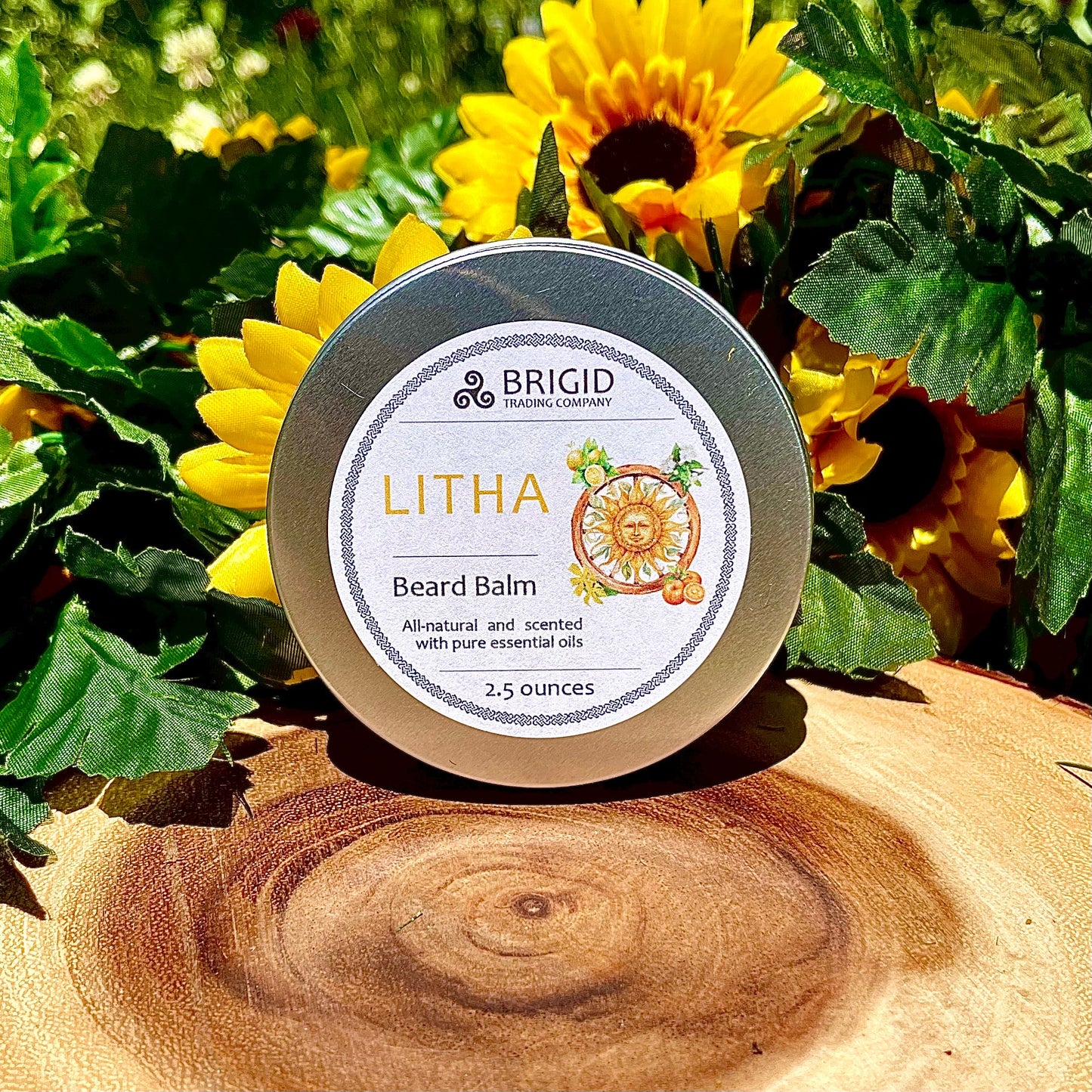 Beard balm tin with BRIGID and LITHA branding, silver-gray lid