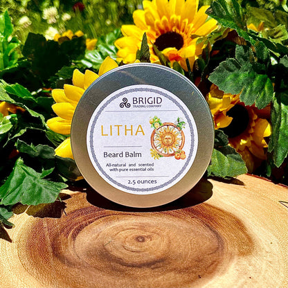 Beard balm tin with BRIGID and LITHA branding, silver-gray lid