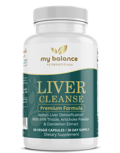 Supplement bottle with my balance Liver Cleanse Premium Formula front label