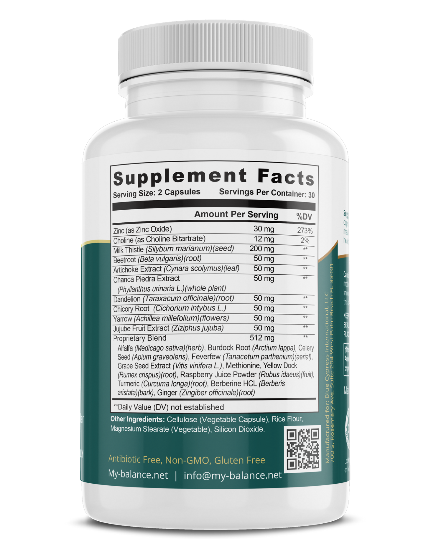 Supplement bottle back label with Supplement Facts panel