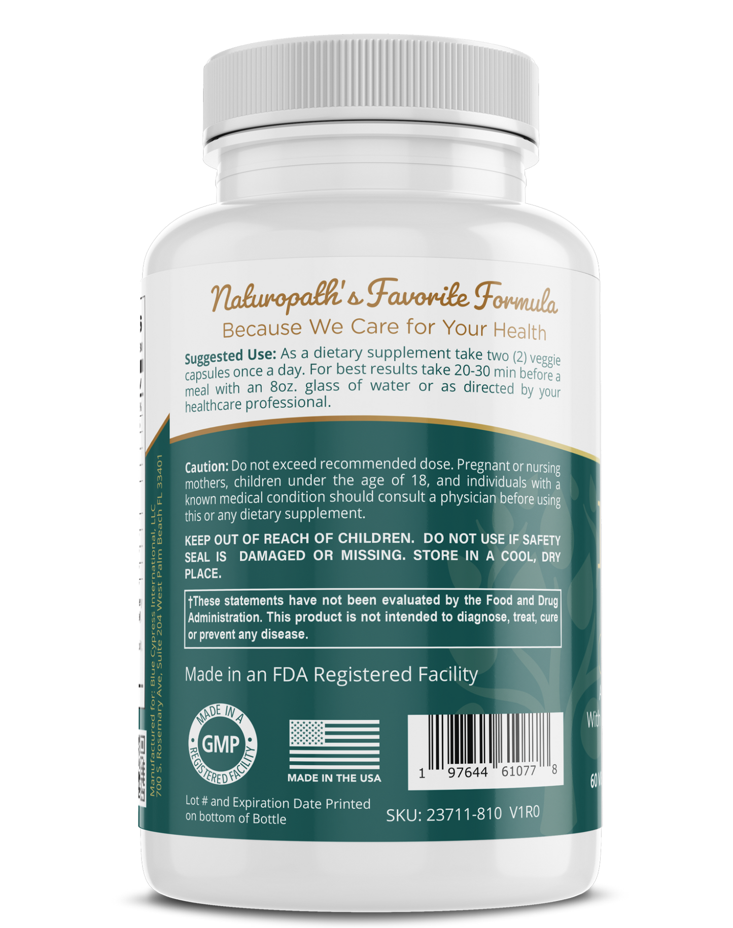 Supplement bottle back label with directions and ingredients text panel