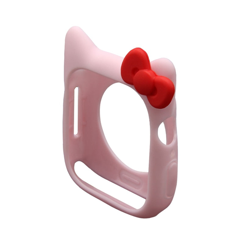 Cat watch cover case for Apple Watch, light pink silicone case with red bow top