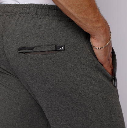 Men's athletic sweatpants, dark heather grey, back hip zip pocket and logo detail