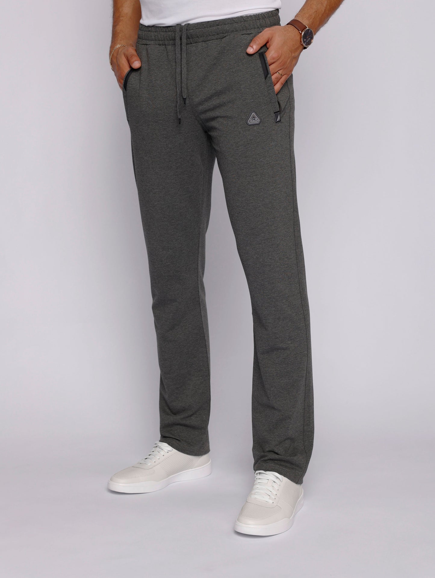 Men's athletic sweatpants, straight leg, heather grey, side view with tapered ankle opening