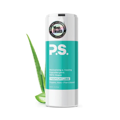 Teal-and-white squeeze bottle personal lubricant with aloe plant-based formula