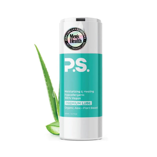 Teal-and-white squeeze bottle personal lubricant with aloe plant-based formula