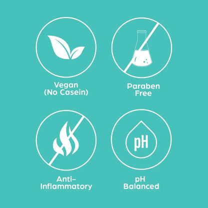 Teal product label icons for vegan, paraben-free, anti-inflammatory, pH balanced