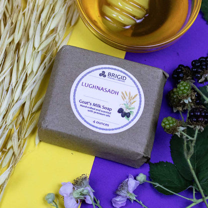 Lughnasadh goat milk soap in tan paper box with BRIGID label and 4 ounces count.