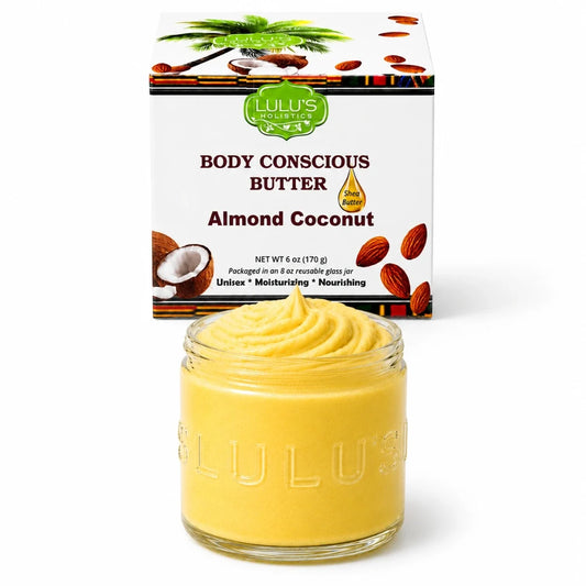 Almond Coconut body butter jar with golden whipped texture, plus matching product box