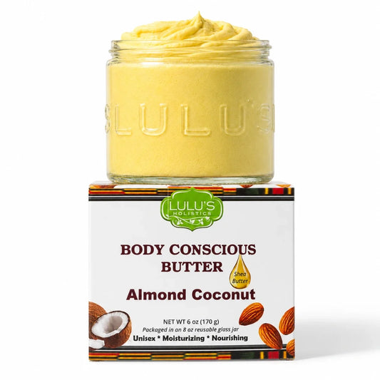 Almond Coconut body butter in clear glass jar with golden whipped swirl, with box