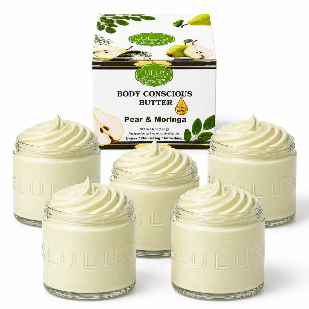 Multiple body butter jars with pale green swirled cream, pear & moringa box