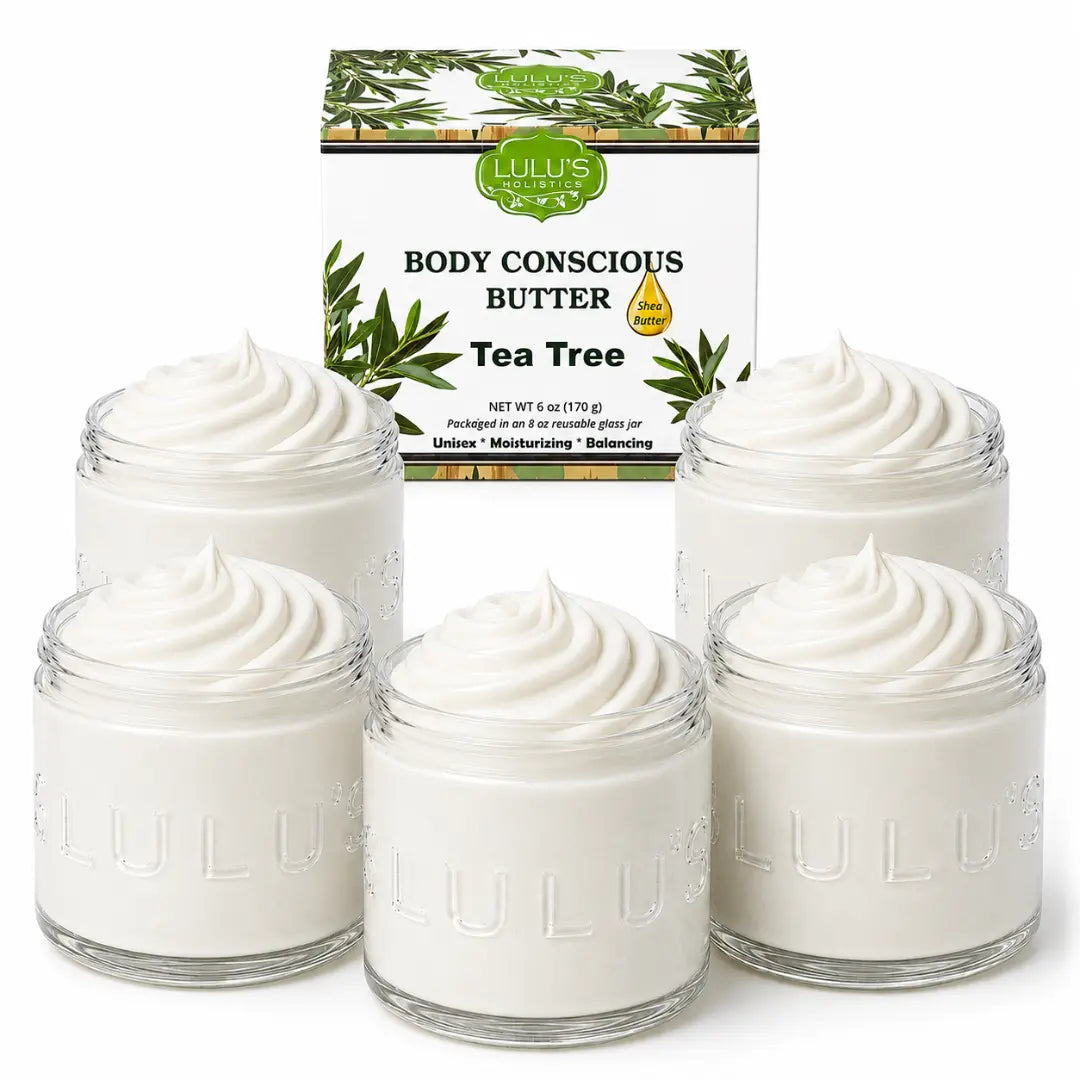 Tea Tree body butter jars with white whipped texture, shown in multiple clear containers