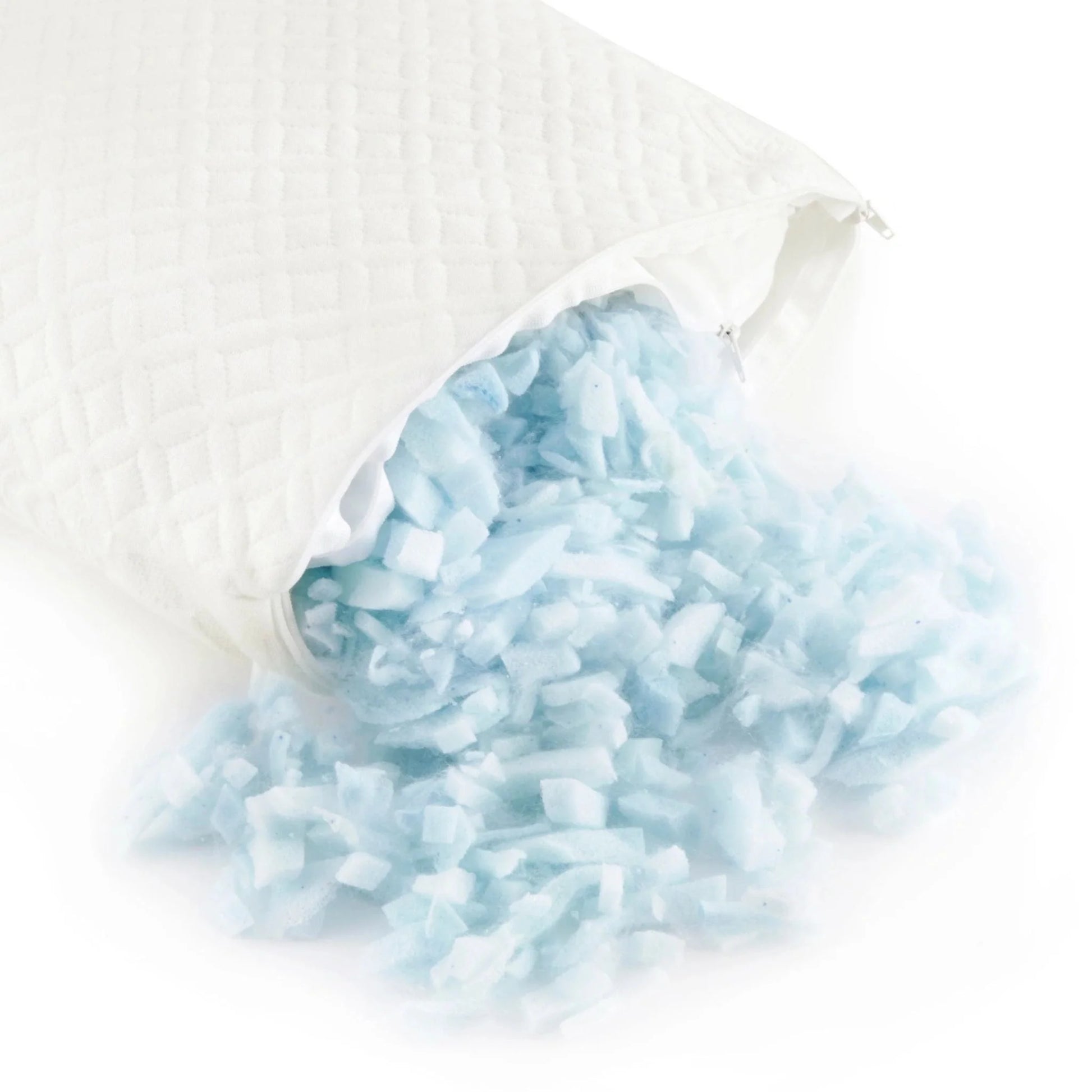 Blue cooling pillow filling visible in white pillow cover opening.