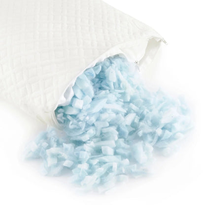 Blue cooling pillow filling visible in white pillow cover opening.