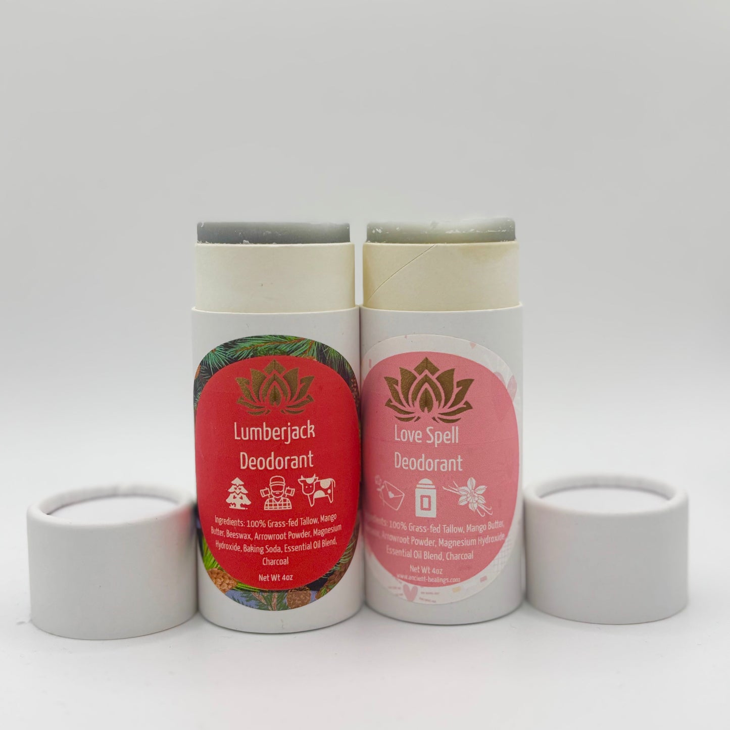 Tallow deodorant set with Lumberjack and Love Spell sticks in white containers.