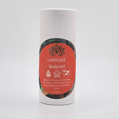 Tallow deodorant stick labeled Lumberjack with a red label and decorative graphics.