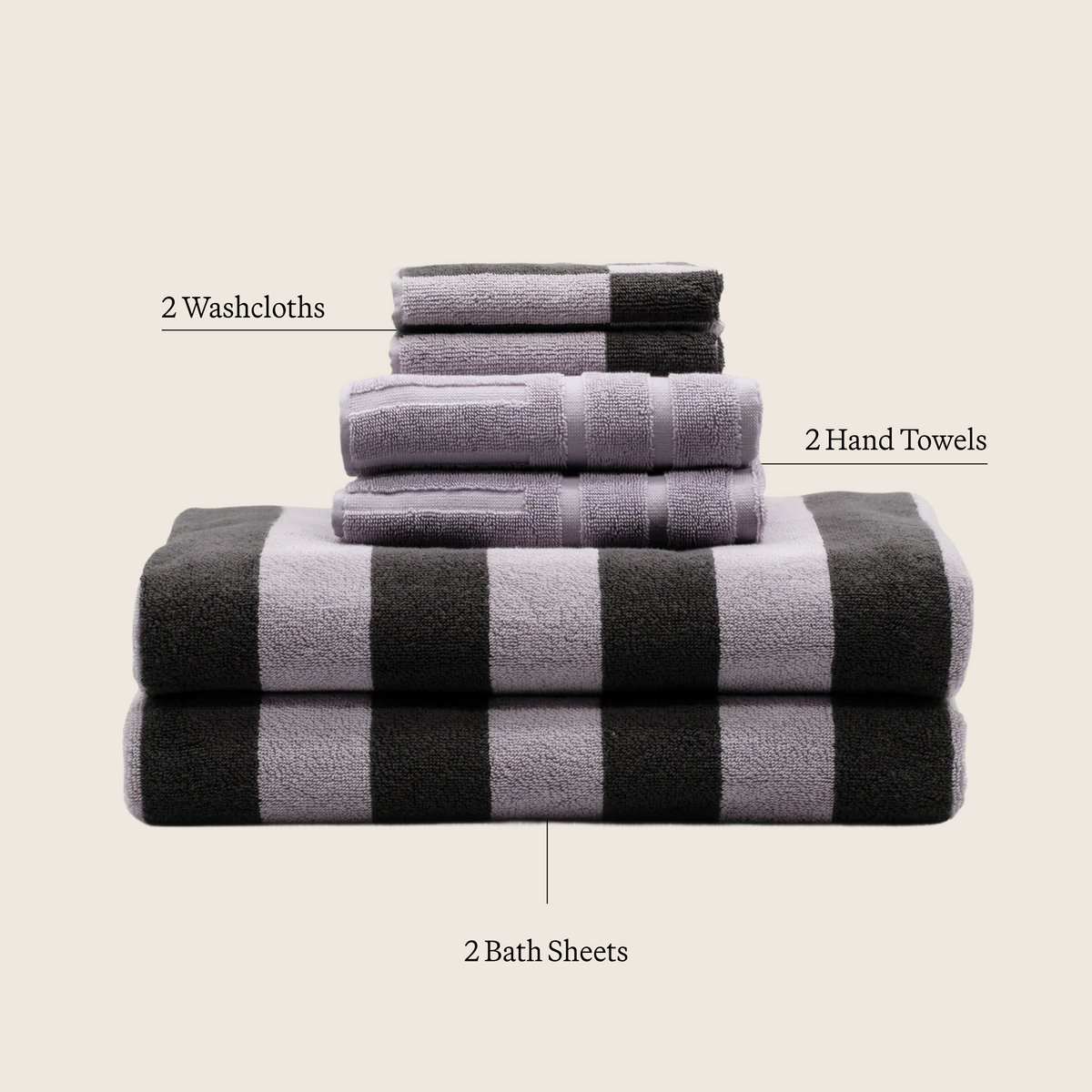 Set of lilac and dark gray cotton towels: washcloths, hand towels, and bath sheet