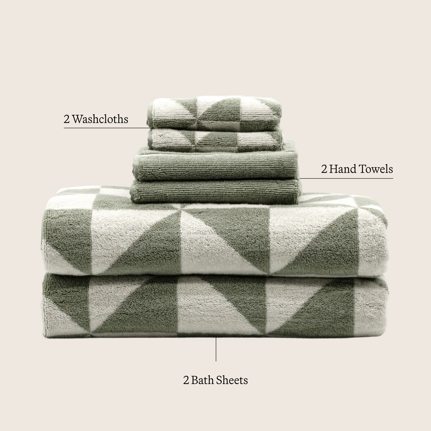 Sage & ecru towel set layout: 2 washcloths, 2 hand towels, 2 bath sheets