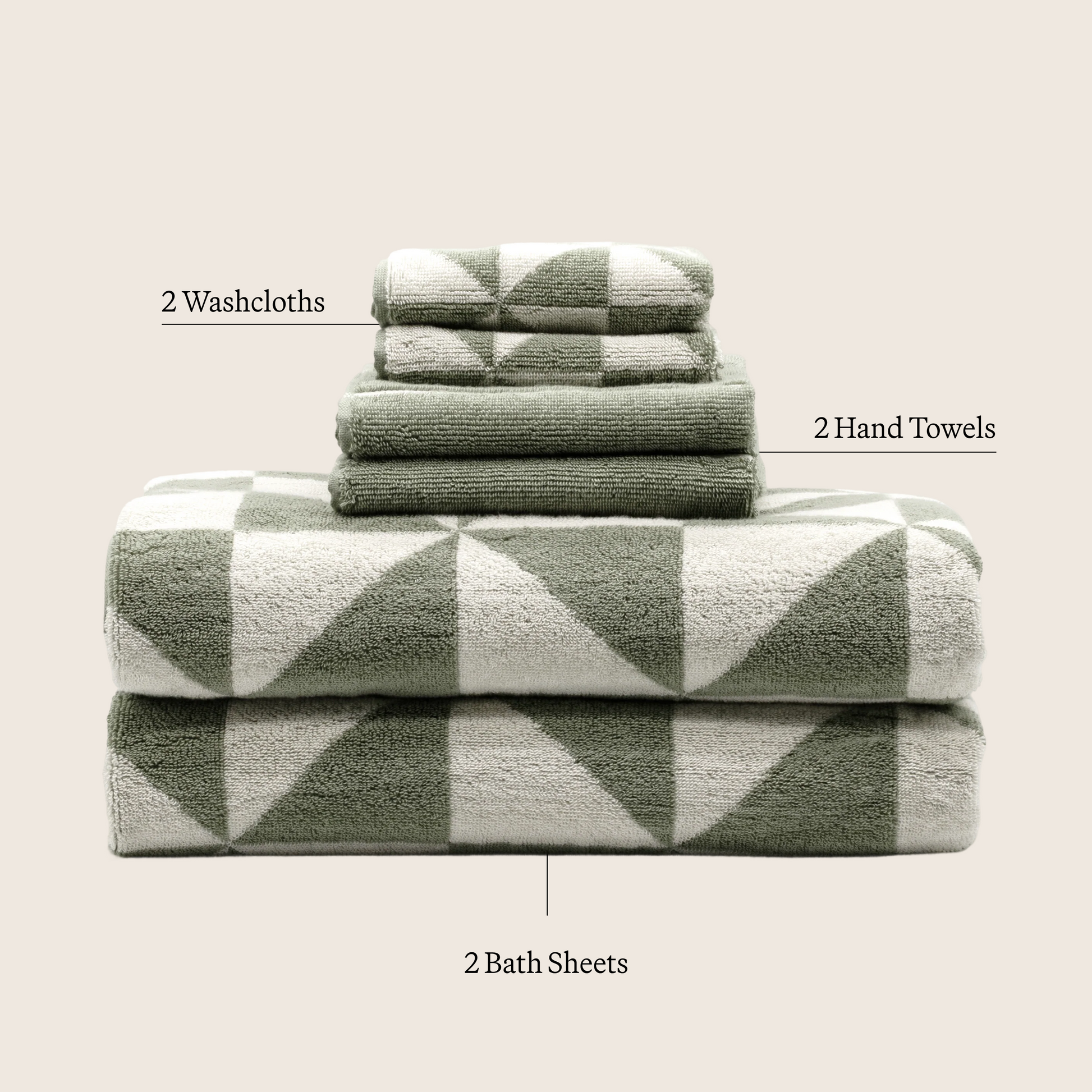 Sage & ecru towel set layout: 2 washcloths, 2 hand towels, 2 bath sheets