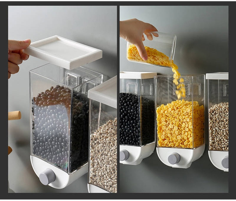 Wall-mounted kitchen sealed grain jars with clear bins; one lid removed for refilling