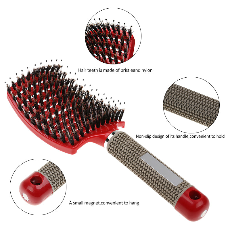 Hair detangling brush with red cushion, black bristles, textured non-slip handle