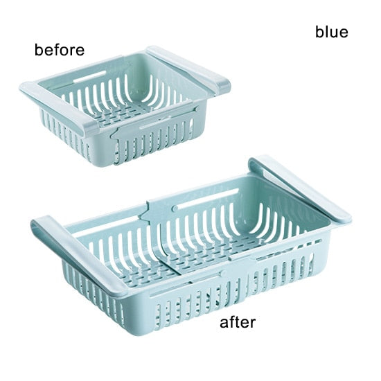 Blue plastic kitchen shelf organizer basket with side handles and slotted base