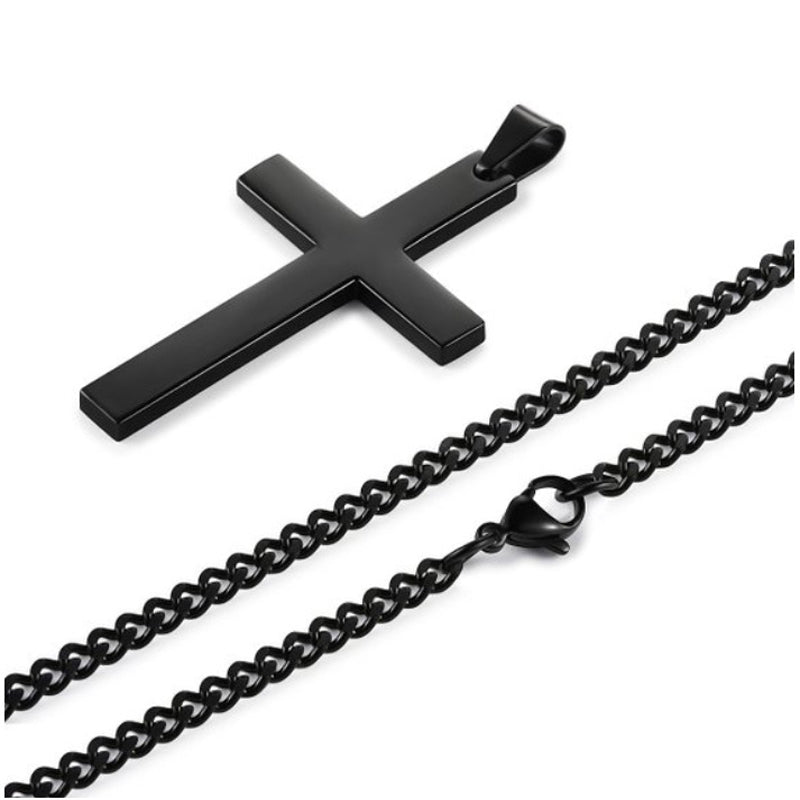 Black cross pendant with link chain necklace