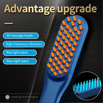 Hair growth comb, blue brush head close-up with orange massage nodules