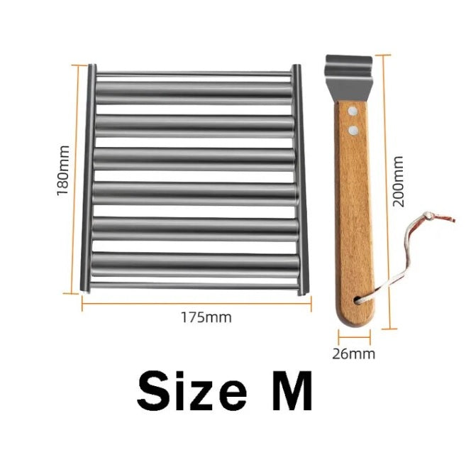Hot dog roller Size M dimensions diagram, stainless rack and wooden handle