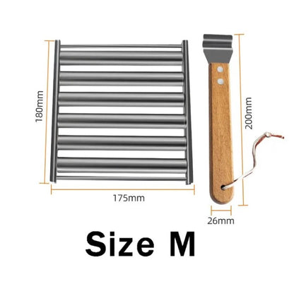 Hot dog roller Size M dimensions diagram, stainless rack and wooden handle