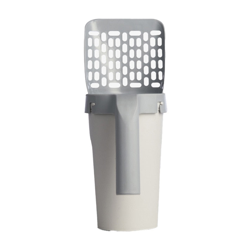 Cat litter scoop with tall gray-and-white bucket and perforated sifter top