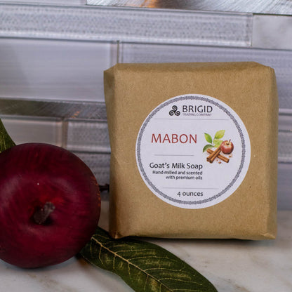 Mabon goat milk soap in tan paper box with BRIGID label and 4 ounces count.