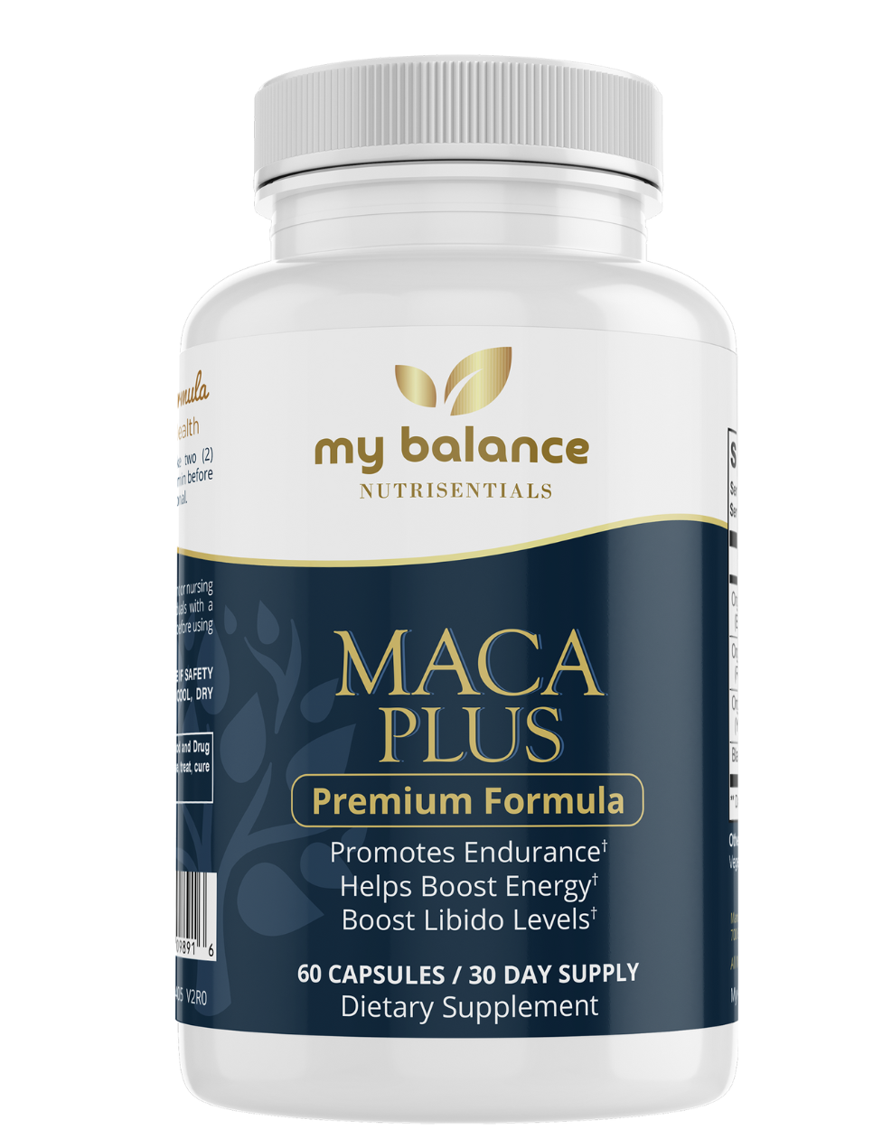 Maca Plus organic maca root supplement bottle with gold leaf logo and front label