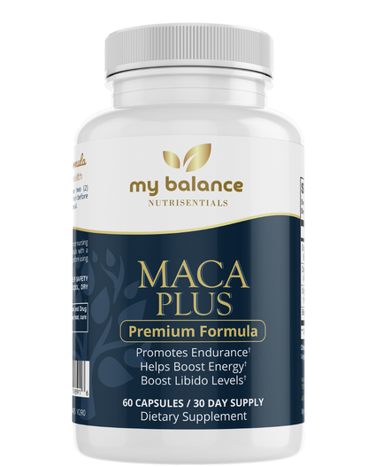 Maca Plus organic maca root supplement bottle with gold leaf logo and front label