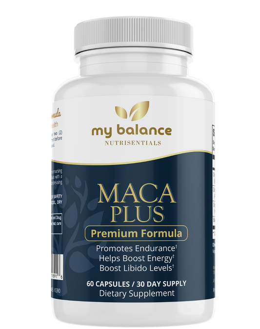 Maca Plus organic maca root supplement bottle with gold leaf logo and front label