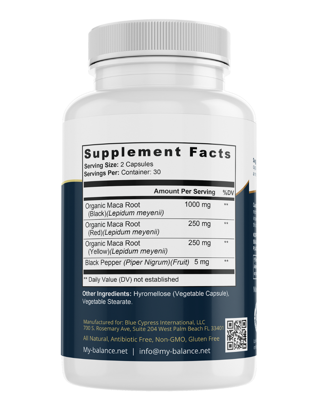 Organic maca root supplement bottle showing Supplement Facts panel and serving size