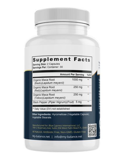 Organic maca root supplement bottle showing Supplement Facts panel and serving size