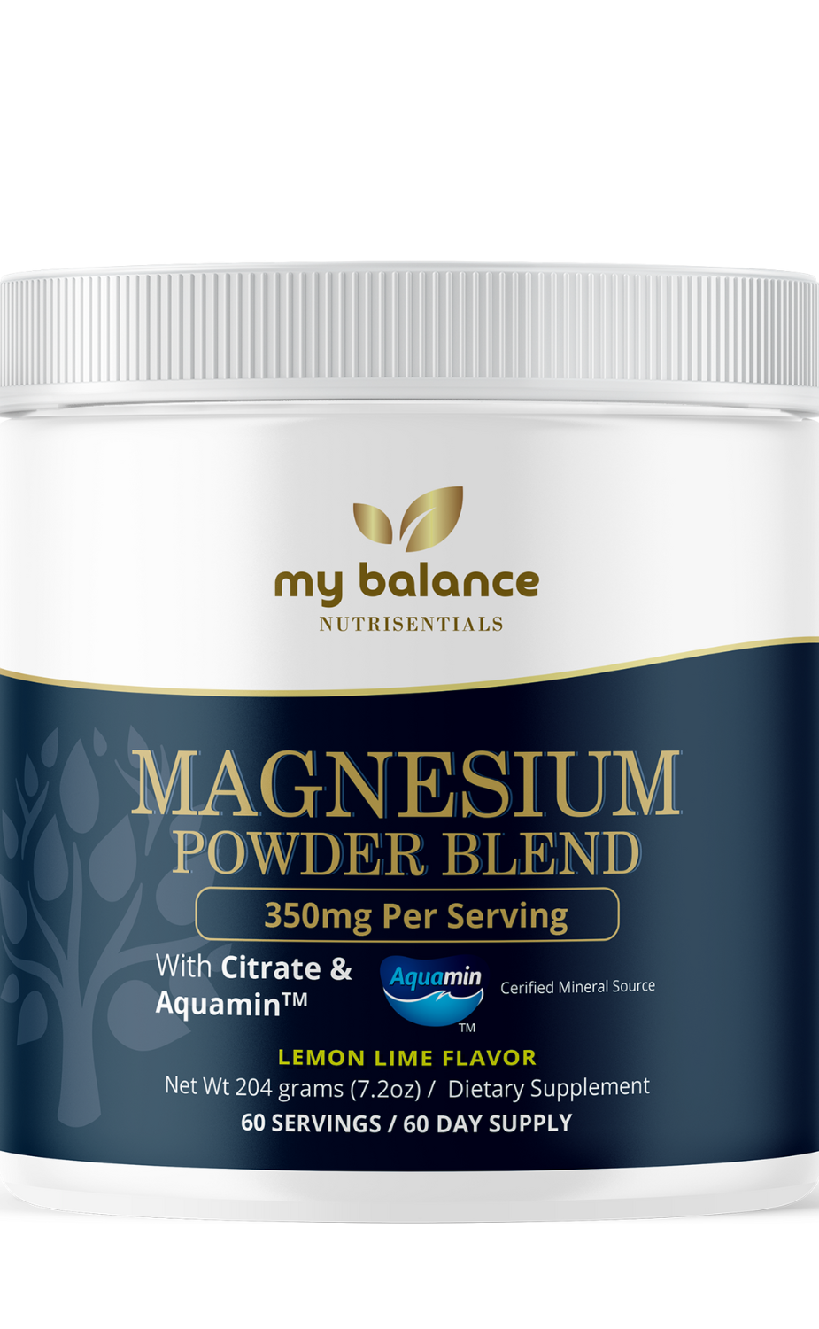 Magnesium powder supplement tub, lemon lime flavor label with Aquamin and citrate