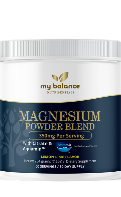 Magnesium powder supplement tub, lemon lime flavor label with Aquamin and citrate