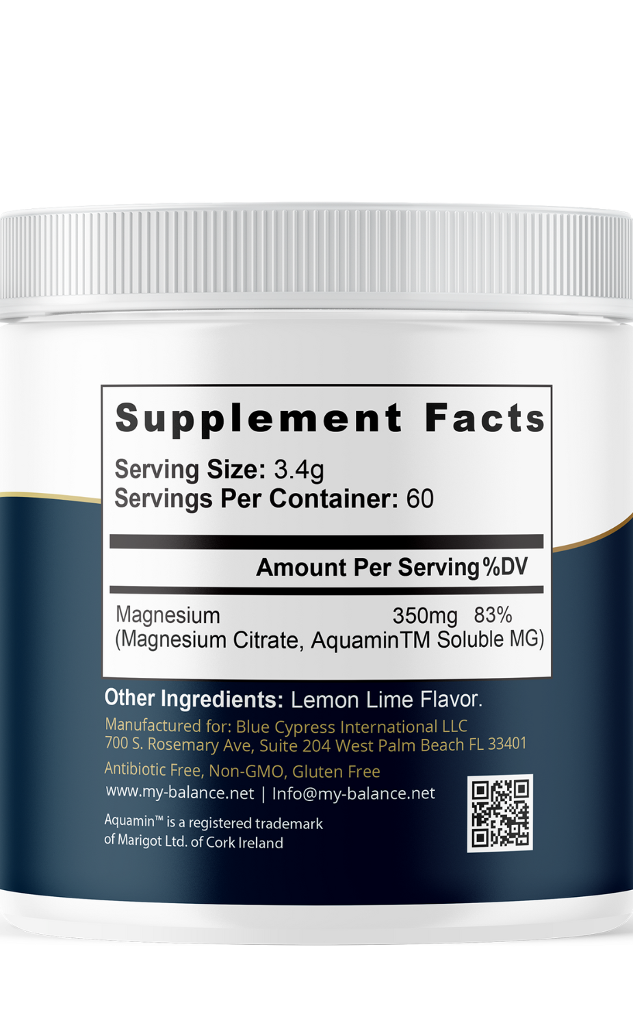 Magnesium powder supplement tub with Supplement Facts panel and serving size 3.4g
