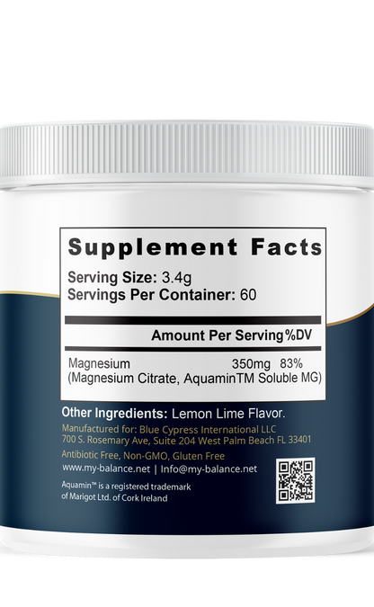 Magnesium powder supplement tub with Supplement Facts panel and serving size 3.4g