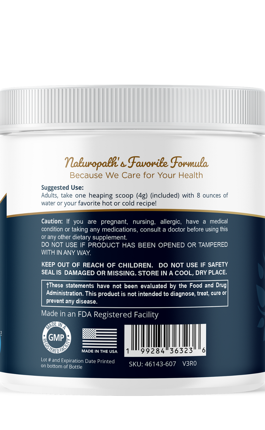 Magnesium powder supplement tub with back label, safety info, barcode and GMP seal