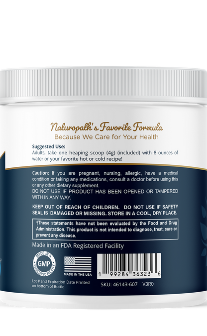 Magnesium powder supplement tub with back label, safety info, barcode and GMP seal