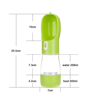 Green pet water bottle feeder with dual capacities: water 258ml and food 200ml
